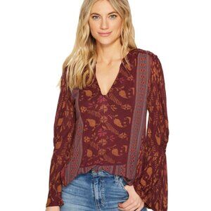 Lucky Brand Mix Print Boho Peasant Blouse Berry